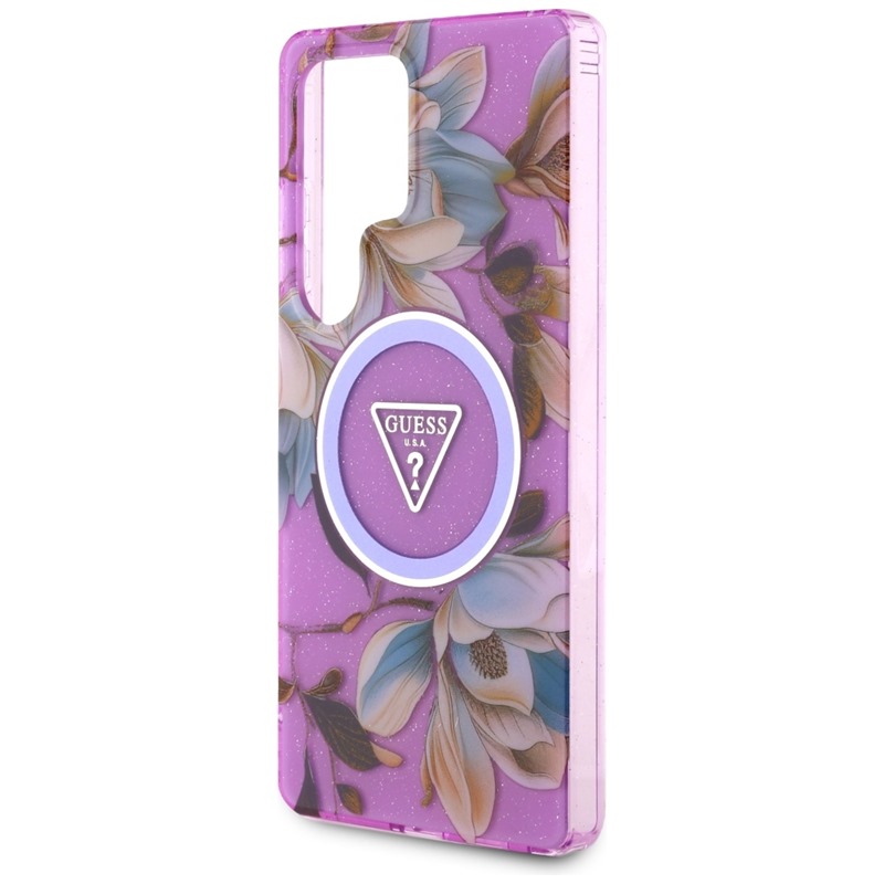 Guess Glitter Flowers Triangle Buttons MagSafe - Etui do Samsung Galaxy S25 Ultra (fioletowy)