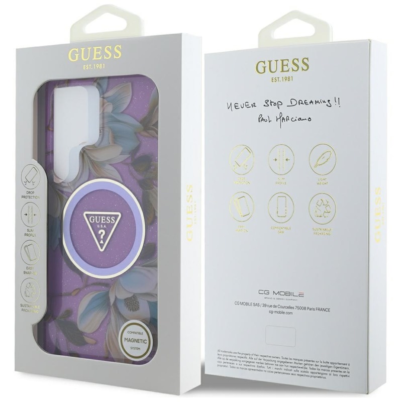 Guess Glitter Flowers Triangle Buttons MagSafe - Etui do Samsung Galaxy S25 Ultra (fioletowy)
