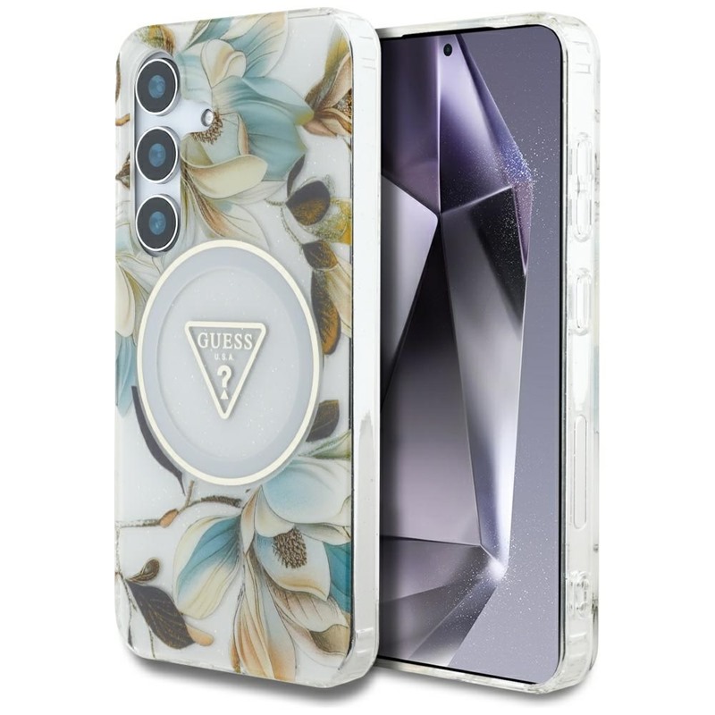 Guess Glitter Flowers Triangle Buttons MagSafe - Etui do Samsung Galaxy S25 (biały)