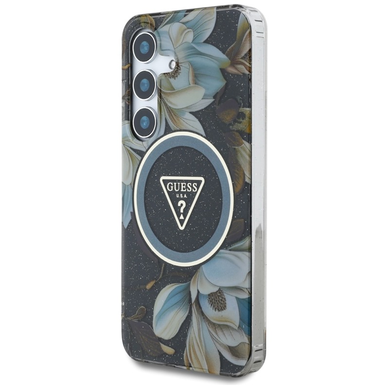Guess Glitter Flowers Triangle Buttons MagSafe - Etui do Samsung Galaxy S25 (czarny)