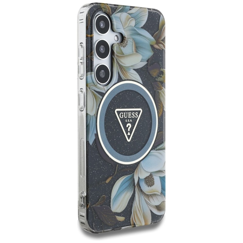 Guess Glitter Flowers Triangle Buttons MagSafe - Etui do Samsung Galaxy S25 (czarny)