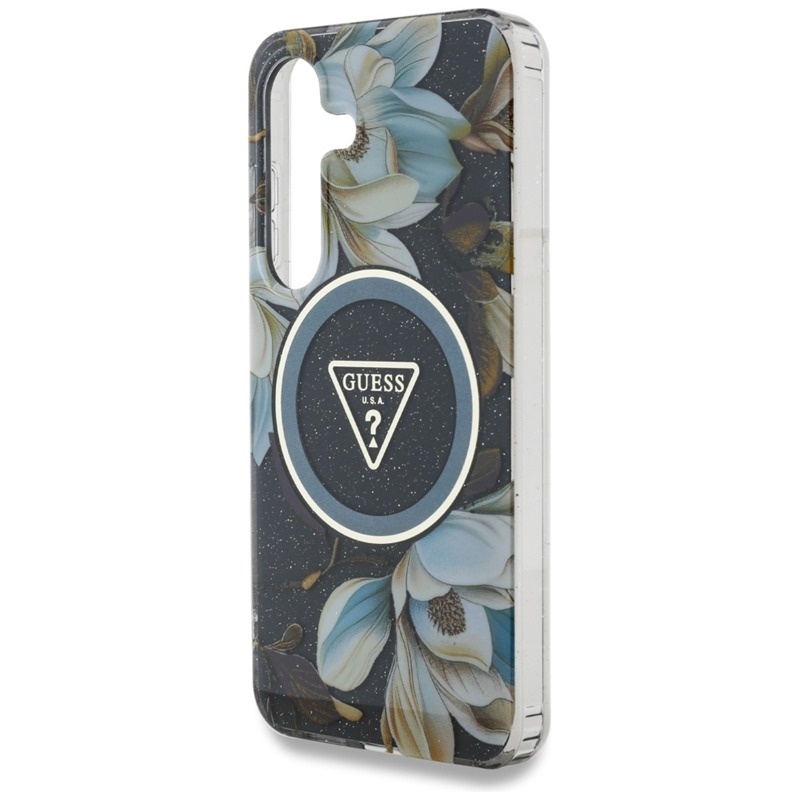 Guess Glitter Flowers Triangle Buttons MagSafe - Etui do Samsung Galaxy S25 (czarny)