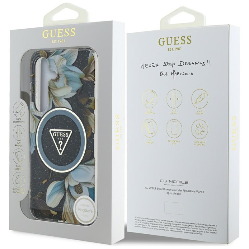 Guess Glitter Flowers Triangle Buttons MagSafe - Etui do Samsung Galaxy S25 (czarny)