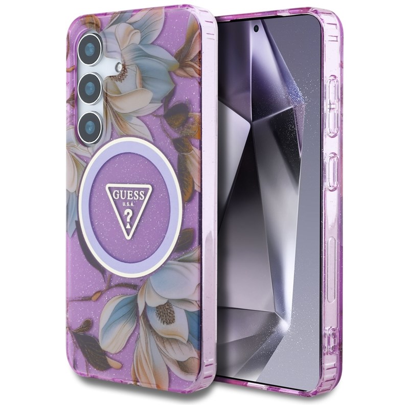 Guess Glitter Flowers Triangle Buttons MagSafe - Etui do Samsung Galaxy S25 (fioletowy)