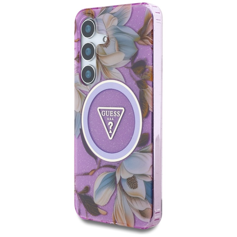 Guess Glitter Flowers Triangle Buttons MagSafe - Etui do Samsung Galaxy S25 (fioletowy)