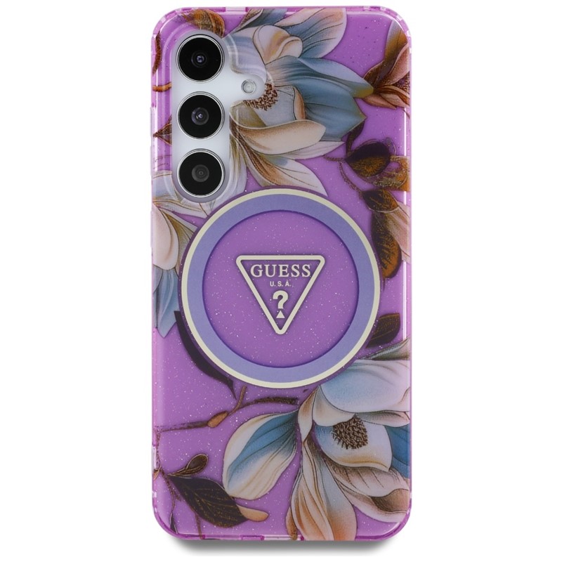 Guess Glitter Flowers Triangle Buttons MagSafe - Etui do Samsung Galaxy S25 (fioletowy)