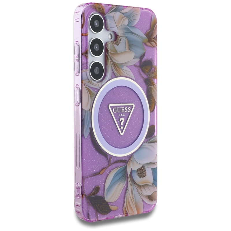 Guess Glitter Flowers Triangle Buttons MagSafe - Etui do Samsung Galaxy S25 (fioletowy)
