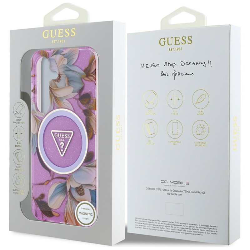 Guess Glitter Flowers Triangle Buttons MagSafe - Etui do Samsung Galaxy S25 (fioletowy)