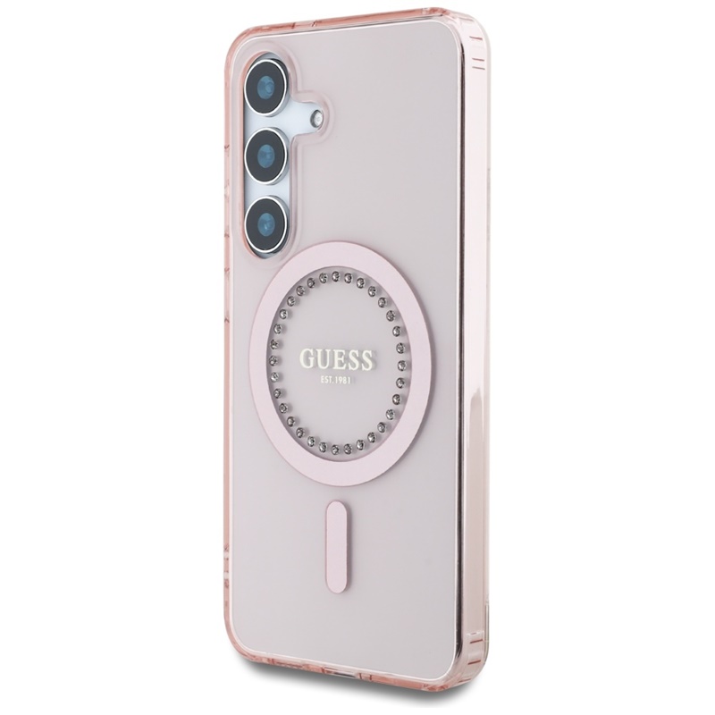 Guess Rhinestones Printed Classic Logo MagSafe - Etui do Samsung Galaxy S25 (różowy)