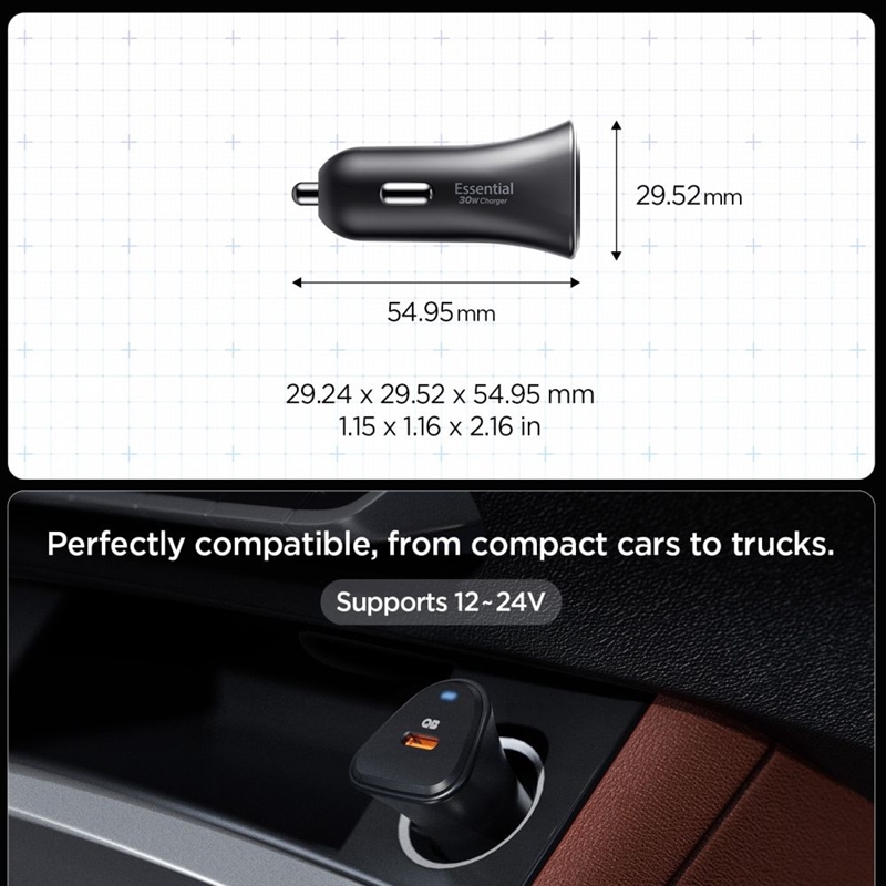 Spigen Essential EV301 - Ładowarka samochodowa USB-C PD 3.0 PPS 30W (Czarny)