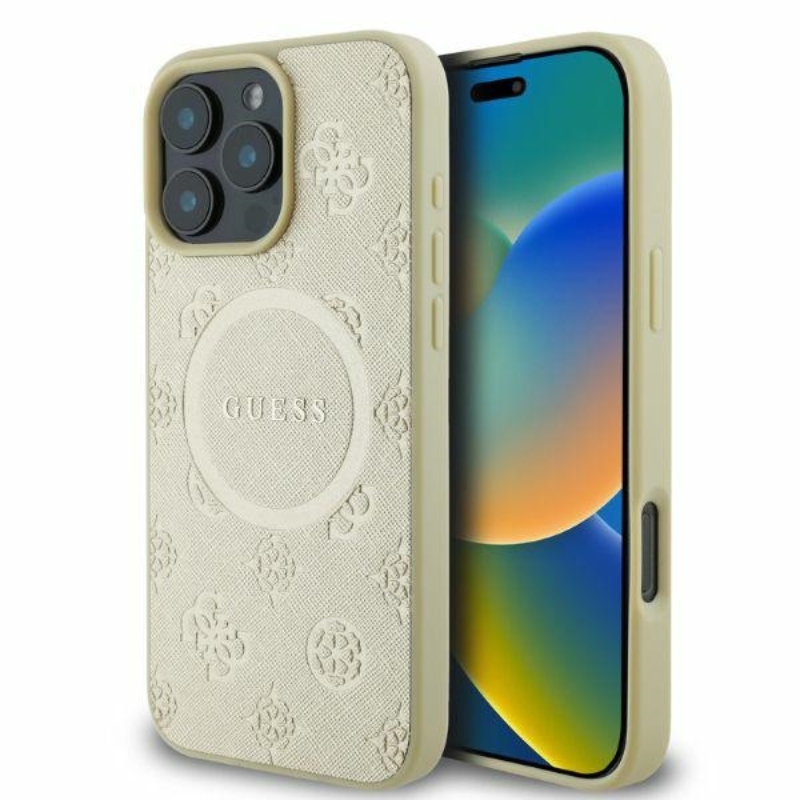Guess Saffiano Peony Classic Logo MagSafe - Etui iPhone 16 Pro (złoty)