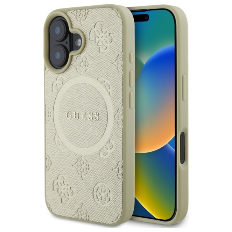 Guess Saffiano Peony Classic Logo MagSafe - Etui iPhone 16 (złoty)