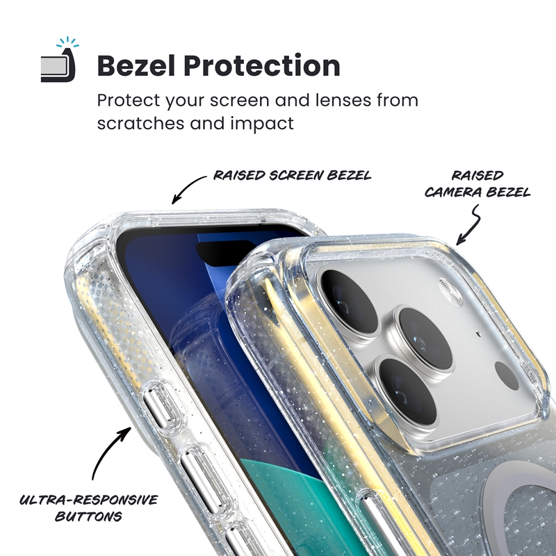 Speck Presidio Lux MagSafe - Etui iPhone 17 Pro (Hyper Mirror Glitter / Silver Metallic)