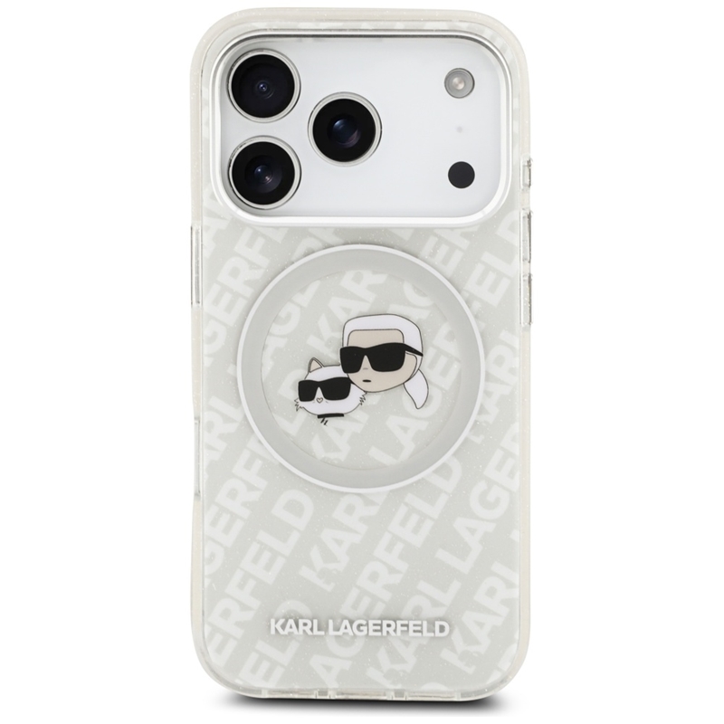 Karl Lagerfeld IML Glitter Karl & Choupette Heads Logo MagSafe - Etui iPhone 17 Pro Max (szary)