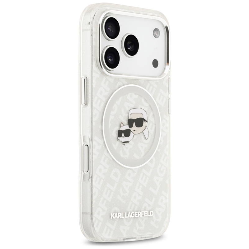 Karl Lagerfeld IML Glitter Karl & Choupette Heads Logo MagSafe - Etui iPhone 17 Pro Max (szary)