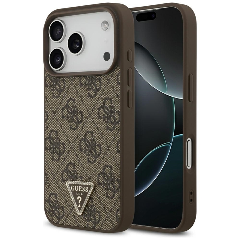Guess Leather 4G Triangle Strass MagSafe - Etui iPhone 17 Pro (brązowy)