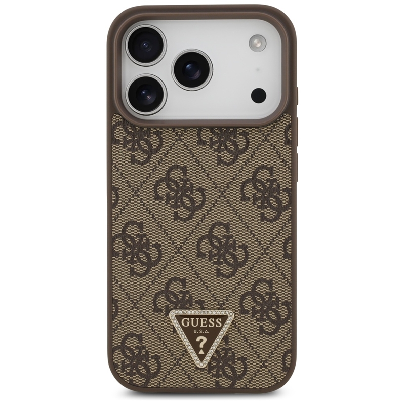 Guess Leather 4G Triangle Strass MagSafe - Etui iPhone 17 Pro (brązowy)