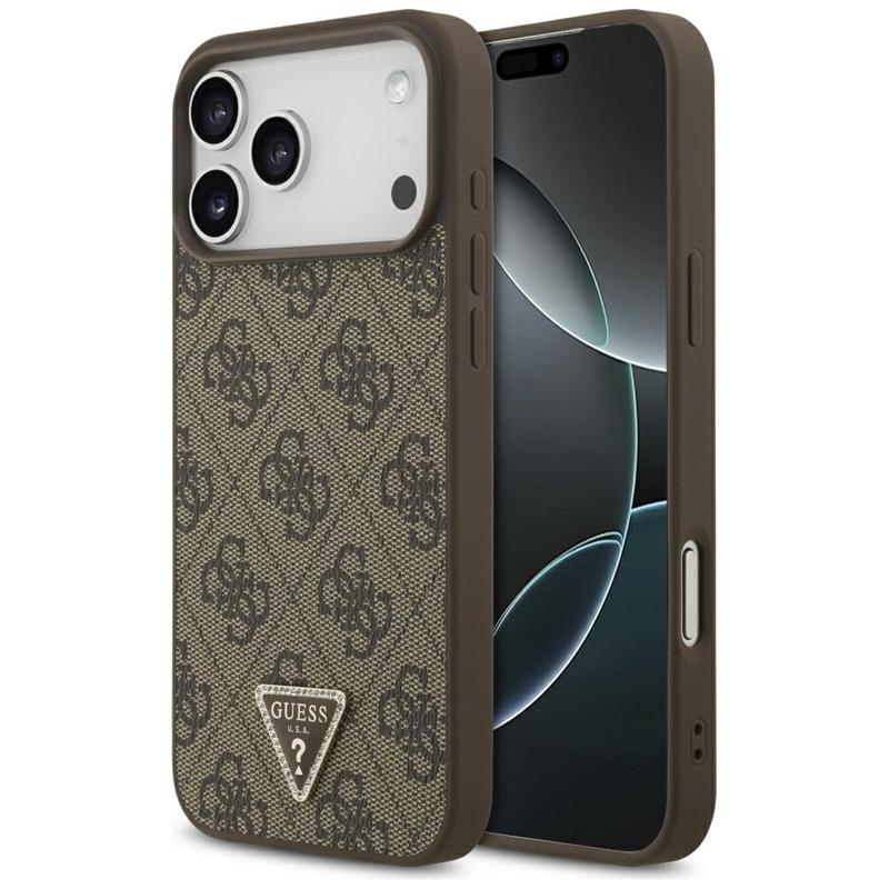 Guess Leather 4G Triangle Strass MagSafe - Etui iPhone 17 Pro Max (brązowy)