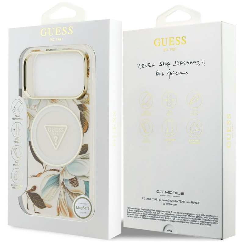 Guess IML Glitter Flowers Triangle MagSafe - Etui iPhone 17 Pro (biały)