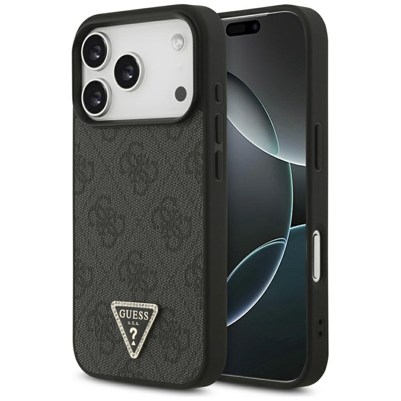 Guess Leather 4G Triangle Strass MagSafe - Etui iPhone 17 Pro (czarny)