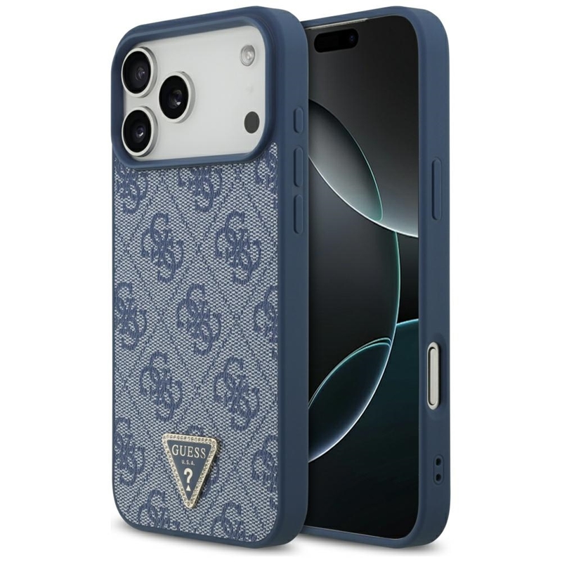 Guess Leather 4G Triangle Strass MagSafe - Etui iPhone 17 Pro Max (niebieski)