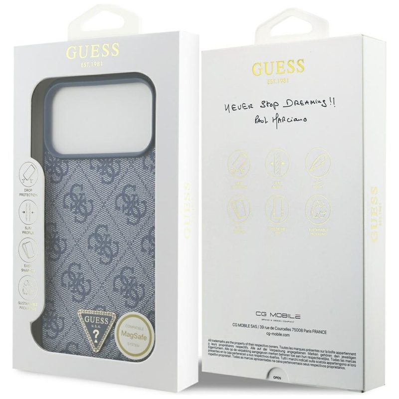 Guess Leather 4G Triangle Strass MagSafe - Etui iPhone 17 Pro Max (niebieski)