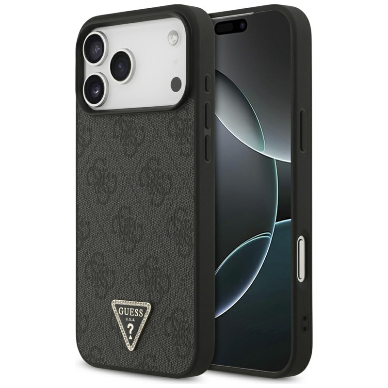 Guess Leather 4G Triangle Strass MagSafe - Etui iPhone 17 Pro Max (czarny)