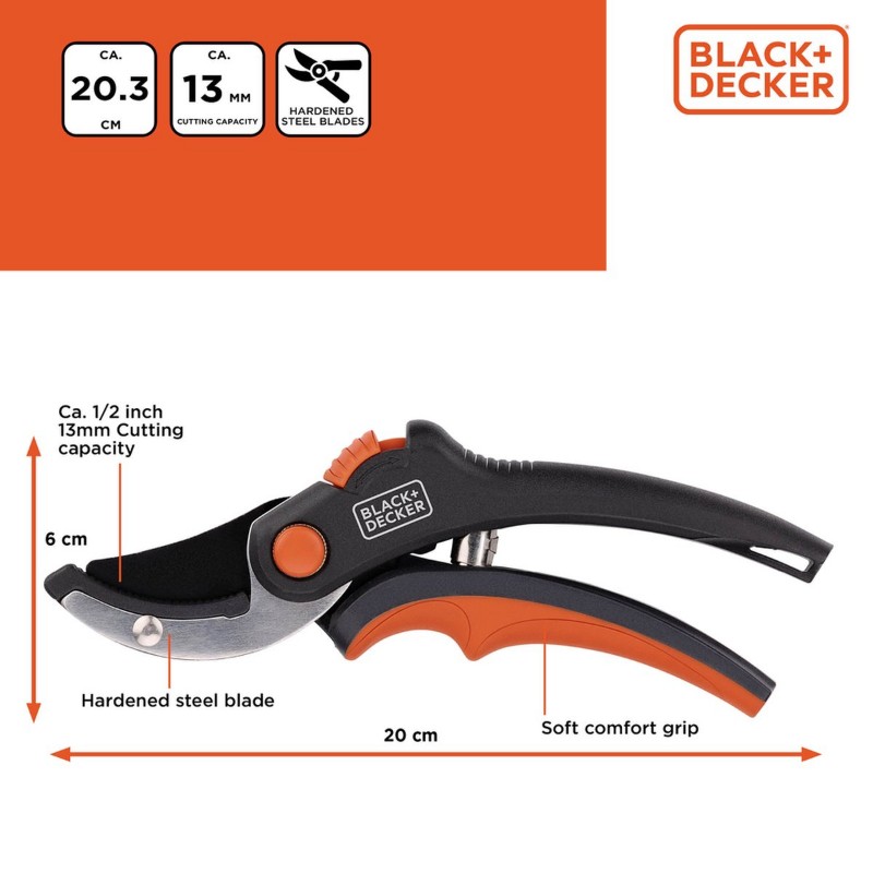 Black&Decker - Sekator kowadełkowy / nożyce ogrodowe do kwiatów i żywopłotu ostrze ze stali hartowanej