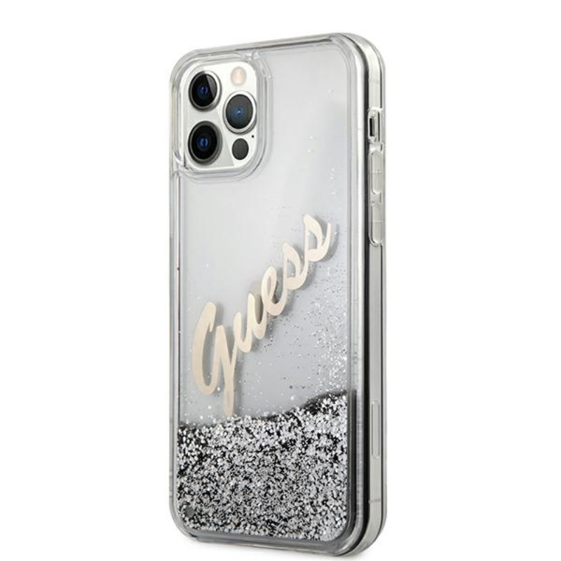 Guess Glitter Vintage Script - Etui iPhone 12 Pro Max (srebrny)