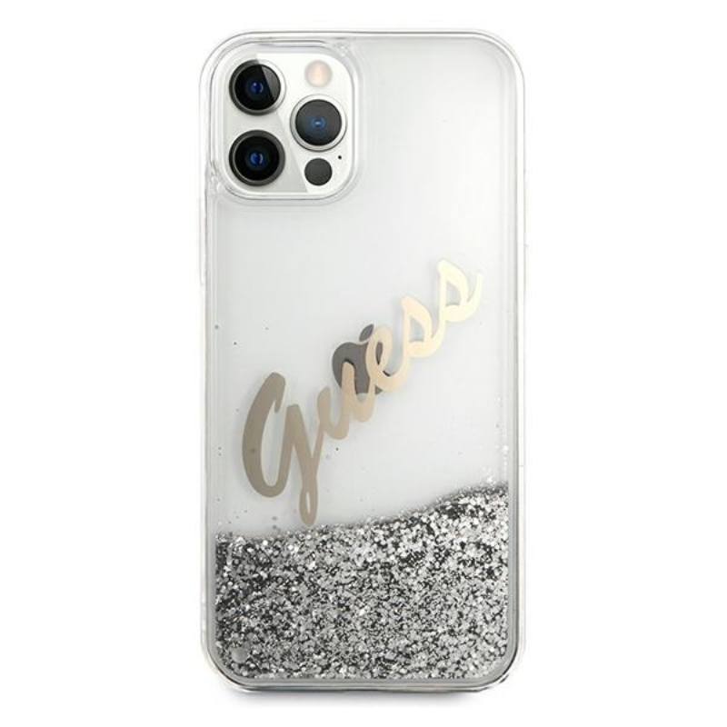 Guess Glitter Vintage Script - Etui iPhone 12 Pro Max (srebrny)