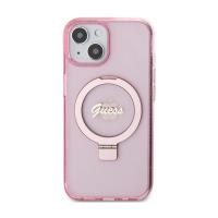 Guess Ring Stand Script Glitter MagSafe - Etui iPhone 15 Plus (różowy)