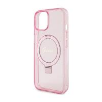 Guess Ring Stand Script Glitter MagSafe - Etui iPhone 15 Plus (różowy)