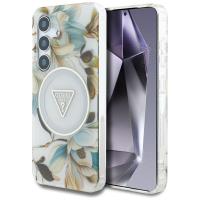 Guess Glitter Flowers Triangle Buttons MagSafe - Etui do Samsung Galaxy S25 (biały)