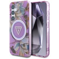 Guess Glitter Flowers Triangle Buttons MagSafe - Etui do Samsung Galaxy S25 (fioletowy)