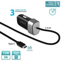PURO Fast Charger Mini Car Charger - Uniwersalna ładowarka samochodowa z kablem USB-C o dwustronnym wtyku, 3 A (czarny)