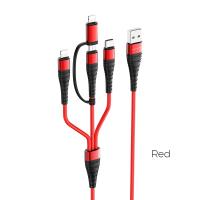 Borofone - kabel 4w1, 2x Lightning 1x micro USB 1x USB-C aluminium nylonowy oplot, czerwony Borofone - kabel 4w1, 2x Lightning 1x micro USB 1x USB-C aluminium nylonowy oplot, czerwony