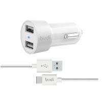 Budi - Ładowarka samochodowa 2x USB, 24W + kabel USB-C 1,2 m (Biały)